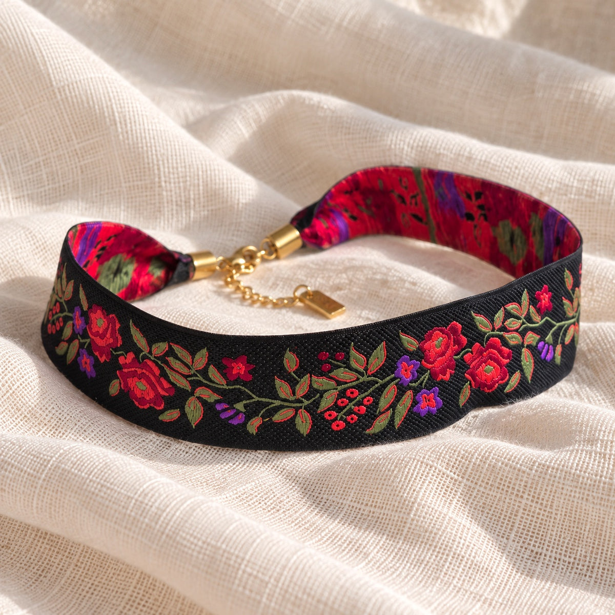 Nastro jaquard rose e lentischio - choker regolabile