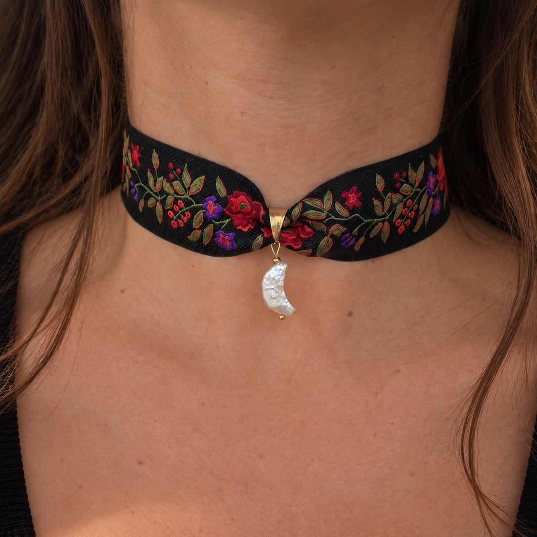Nastro jaquard rose e lentischio - choker regolabile